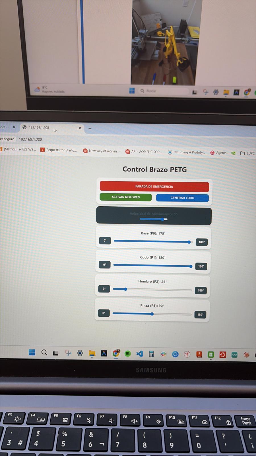 The custom dashboard used to interface with the Gemini API, displaying the live feed, the recognized text command, and the translated kinematic output.
